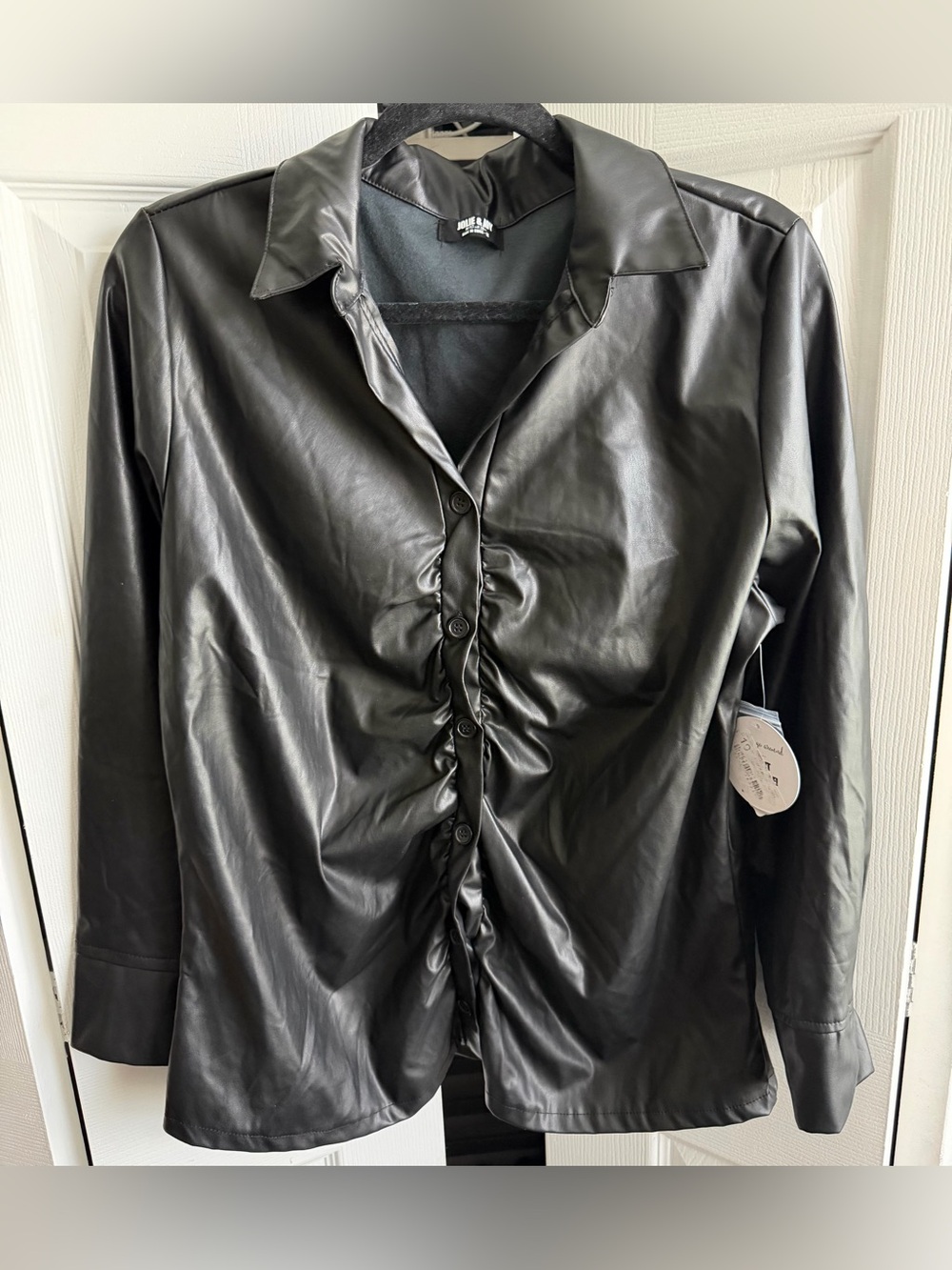 Jolie & Joy Faux Leather Black Ruched Button-Down Shirt